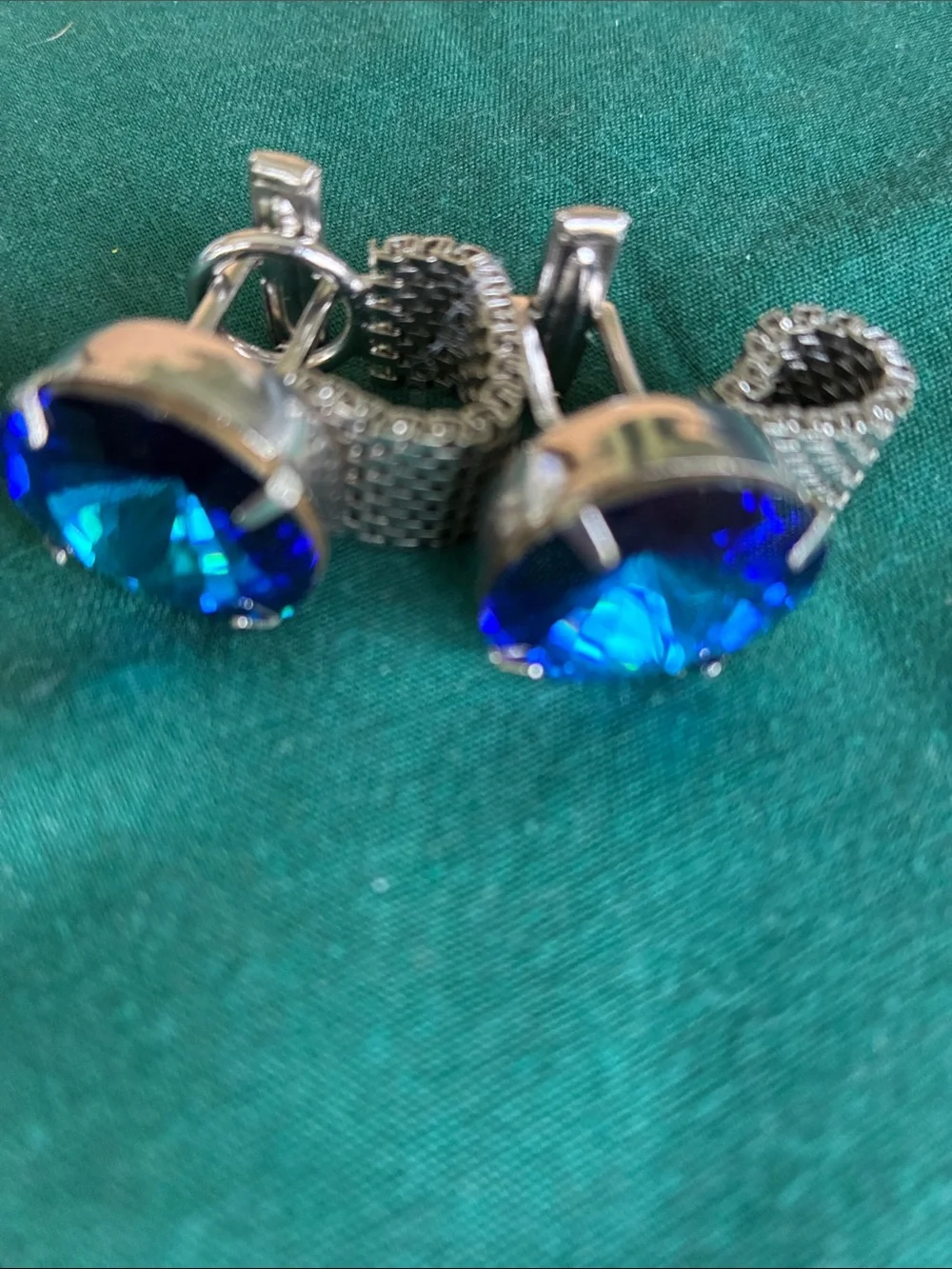 Silver Mesh Cufflinks with Blue Crystal Accent